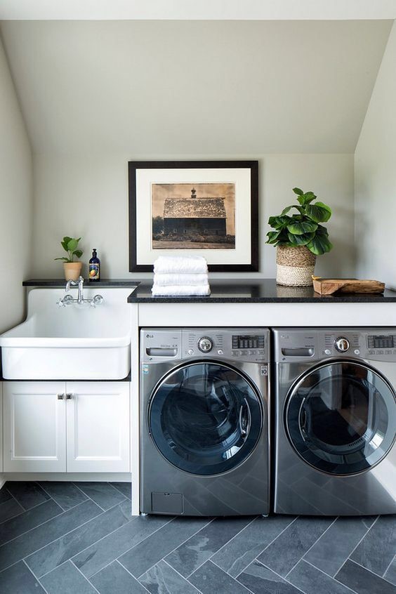 Basement Laundry Room Ideas - Minimalist with Touch of Greenery
