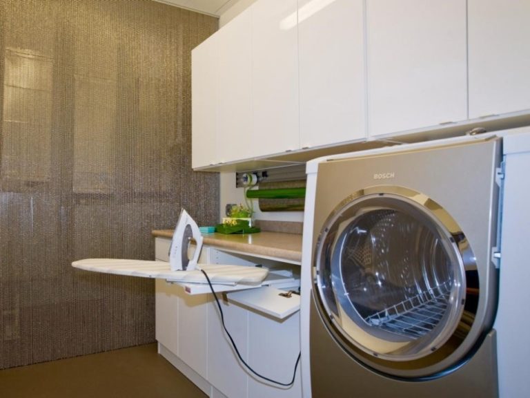 Basement Laundry Room Ideas - Steel Curtain and Iron Boards