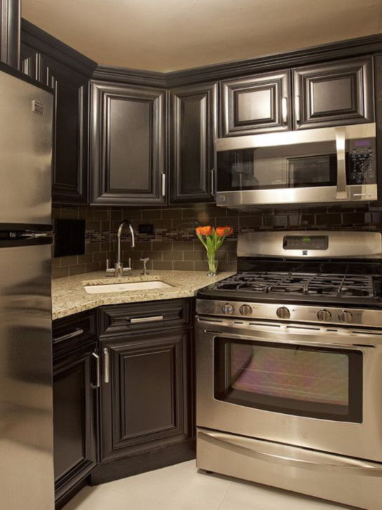 small kitchens with black appliances
