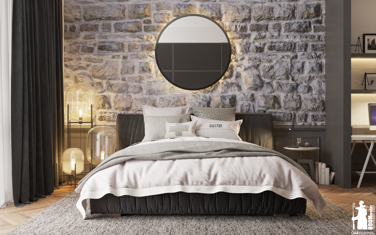 Mirror Stone Accent Wall Bedroom