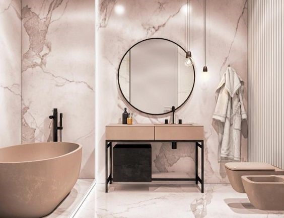 Chic Small Bathroom Ideas - Seamless Marble and Warm Lighting
