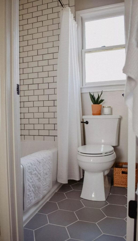 Black Bathroom Tile Floor Ideas Boho Bathroom with Hex Tiles, Why Not