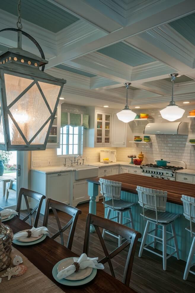 Coffered Ceiling in Kitchen Turquoise Style