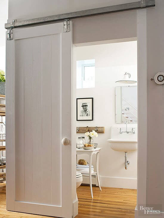 Modern Bathroom Door Ideas Gray Barn Door with Iron Track
