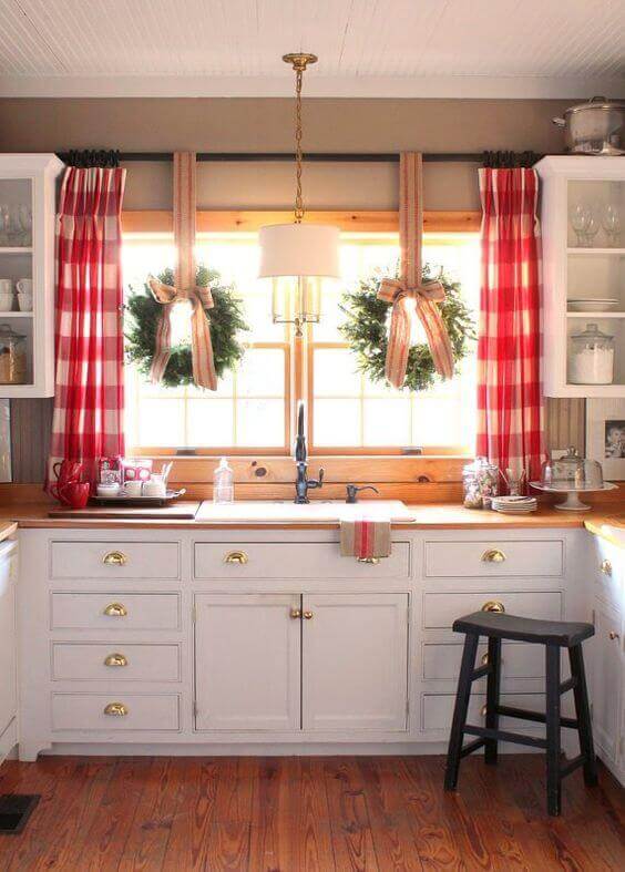 Modern Kitchen Window Ideas Red and White Curtains