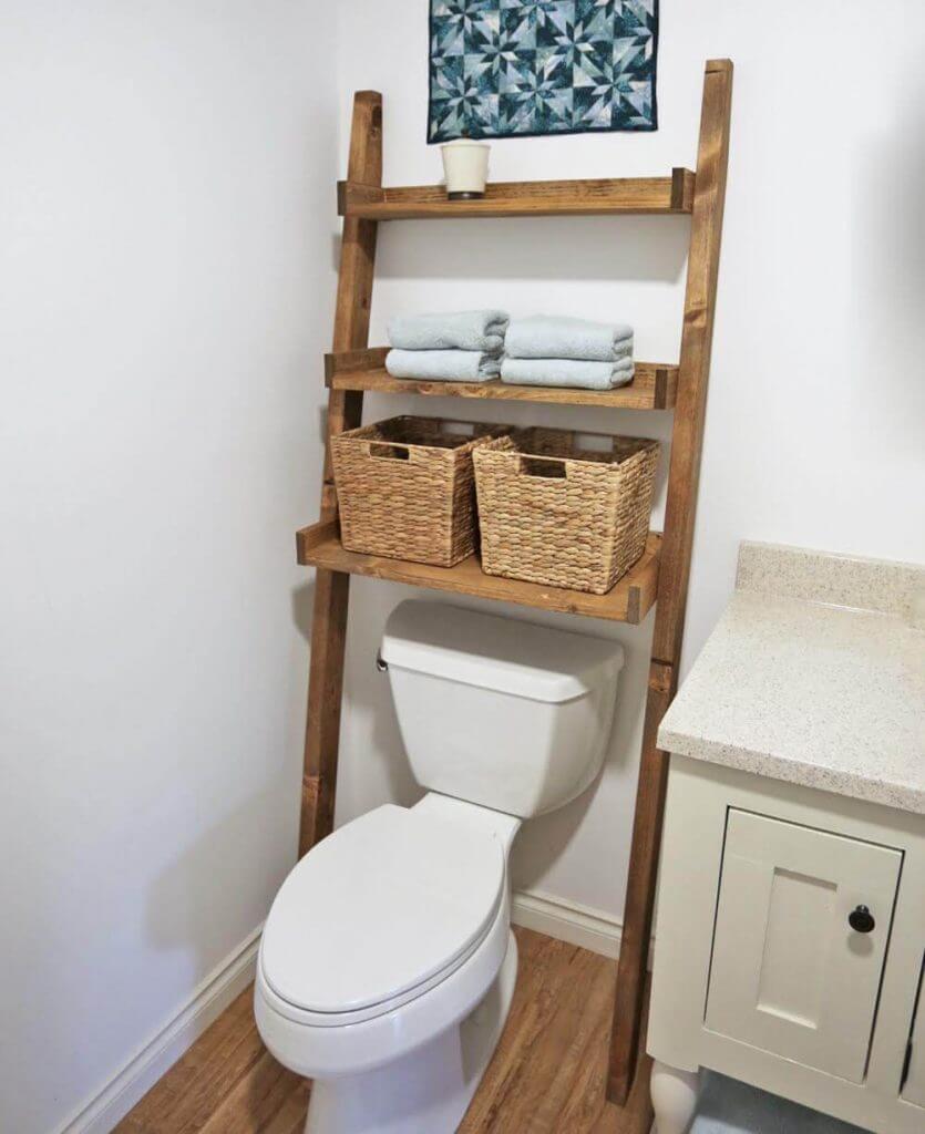 Modern Rustic Bathroom Ideas Hanging Ladder Shelf Above the Toilet, So Clever