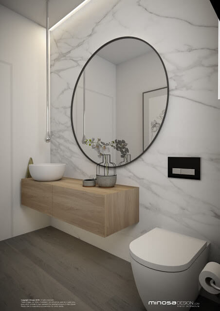 Powder Room Ideas Tile Outstanding Marble Wall and Circular Mirror 1