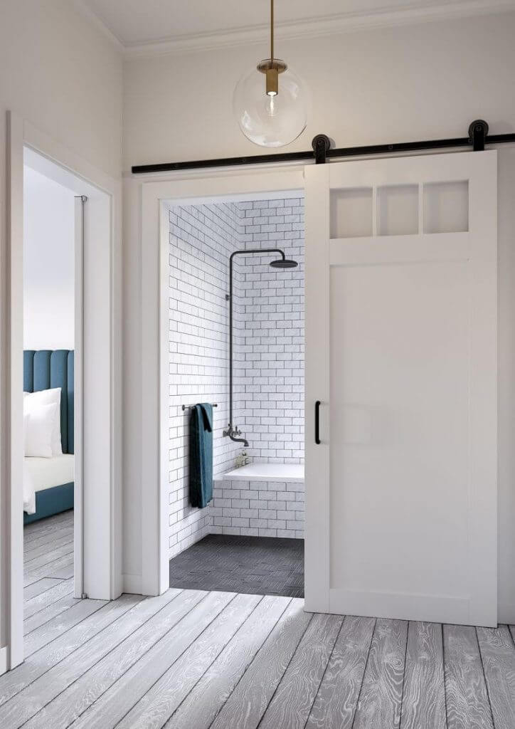 RV Bathroom Door Ideas Dark & White Sliding Door with Subway Tile