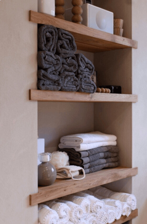 Rolled Towel Storage Bathroom Wooden Shelves in Bathroom