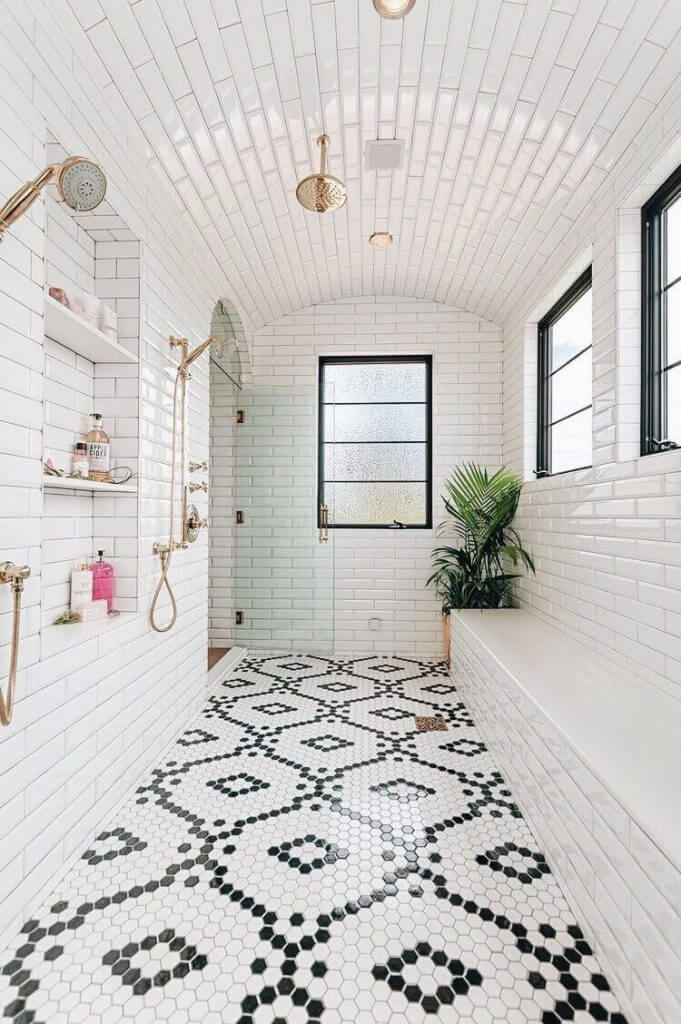 White Bathroom Tile Floor Ideas Monochrome Mosaic Floor