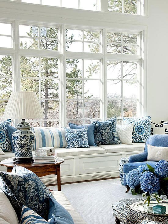 Window Seat Ideas Living Room Navy Blue and White