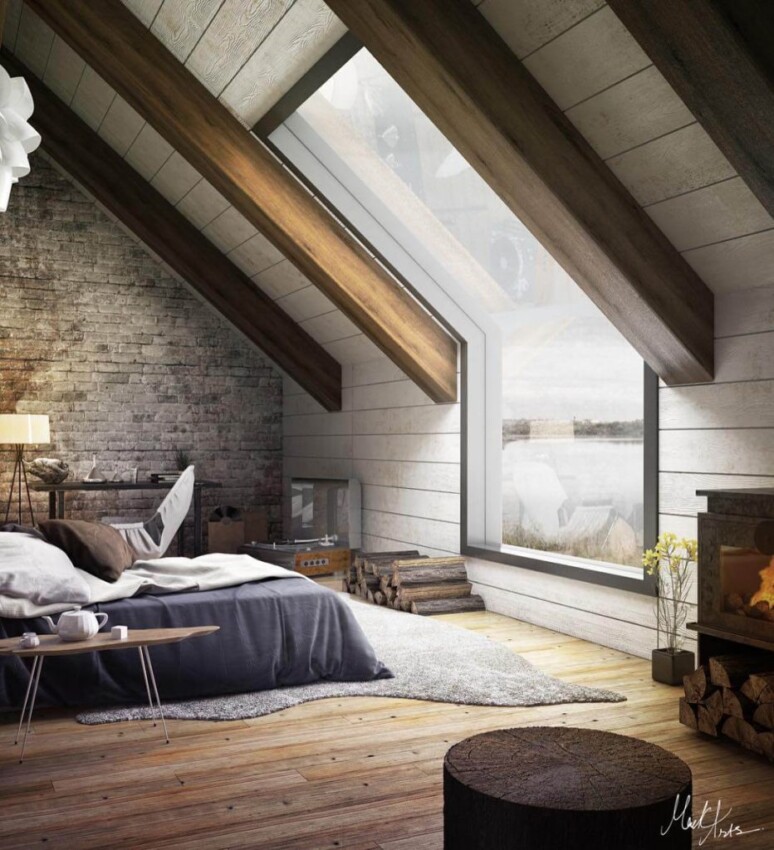 Rustic Attic Room Ideas Bedroom with Sky View