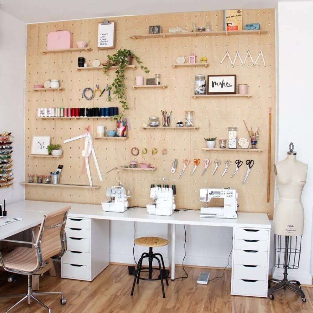 small space sewing room ideas Plywood Pegboard