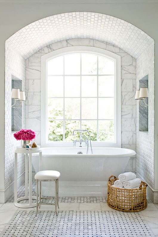 white tiled bathroom tub ideas Near the Window