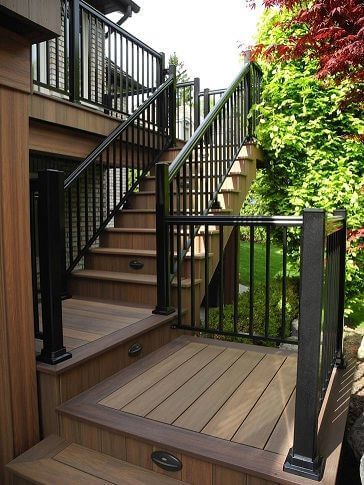 deck railing lighting ideas Deck with Stair and Black Metal Railing