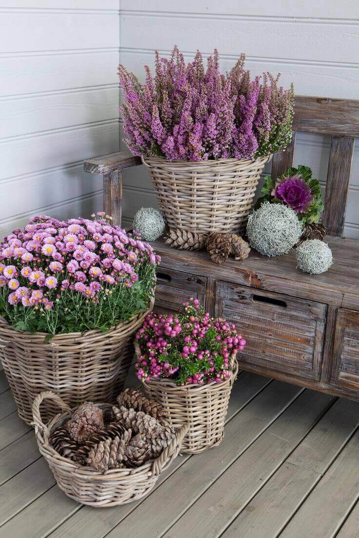 flower pot ideas for front porch Wicker Basket Flower Pots