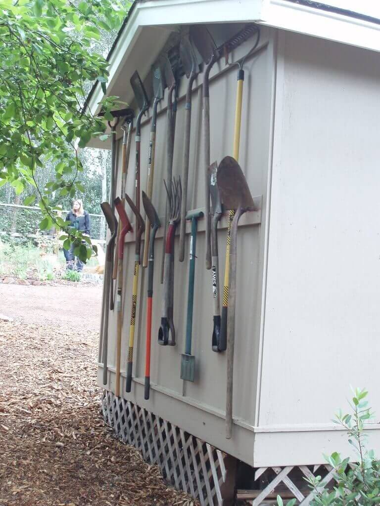 garden tool storage organizer Extra Storage on a Shed’s Wall