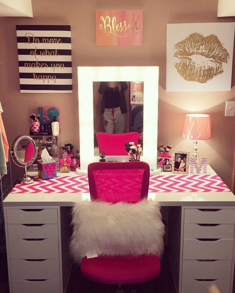 Makeup Room Wall Decor Hot Pink + White Drawers