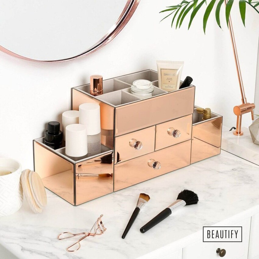 Makeup Storage Ideas DIY Rose Gold Mirrored