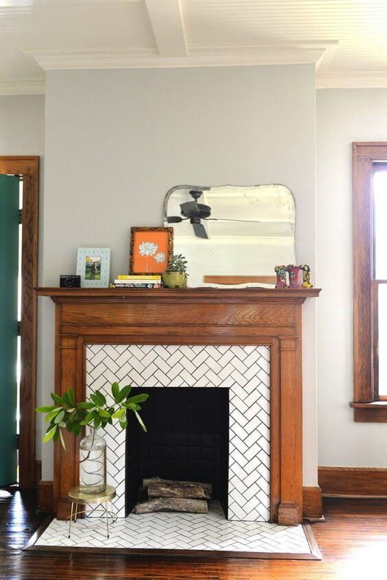 Tile Fireplace Surround Ideas Herringbone Tile with Wood Mantle