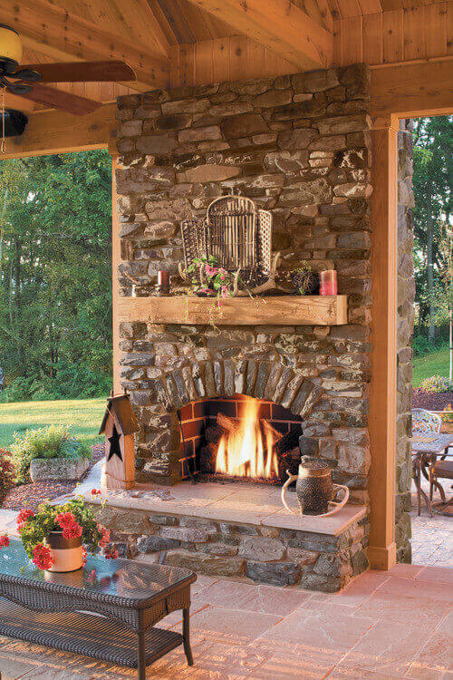 homemade outdoor fireplace ideas Deck Fireplace with Airstone Tiles
